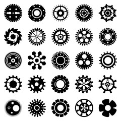 Silhouettes of gears and cogs, vector collection of gearwheels and screw-wheels
