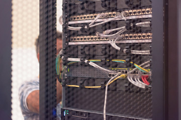 Rack Mounted Servers In A Server Room, close up