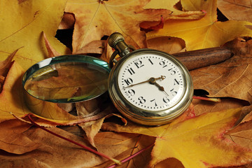 Pocket watch and magnifying glass on autumn leaves