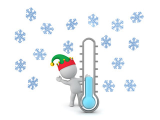 3D Elf waving from behind thermometer showing cold temperature
