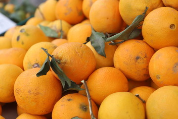 closeup of  oranges on display at the market