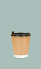 Disposable coffee cup isolated on green background.