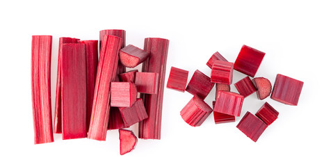 Rhubarb stalks on a white background. top view