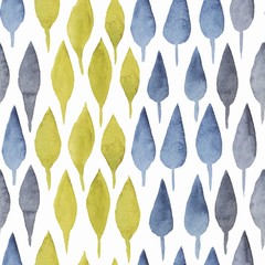 Pattern of watercolor leaves. Seamless background. Indigo and yellow-green. Hand drawn.