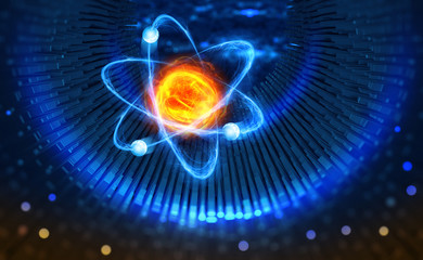 Scientific concept. Genious idea. Breakthrough research. 3D illustration of an atom on the background - obrazy, fototapety, plakaty