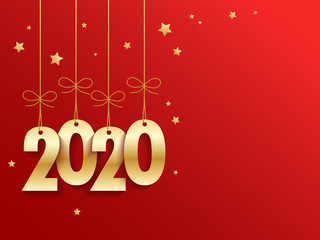 Metallic gold 2020 suspended on red vector background