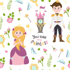 Seamless pattern with princess Cinderella, prince, watch, mouse and lettering