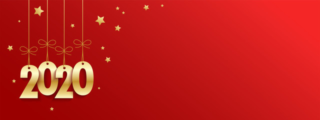 Metallic gold 2020 suspended on wide blue vector background with stars