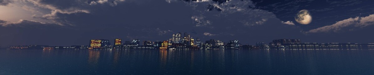 Fototapeta na wymiar evening city above the water, stormy sky on the evening city. 3d rendering.