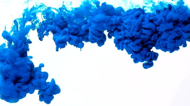 Paint drop spill. Abstract smoke diffusion. Navy blue ink motion in water on white background.