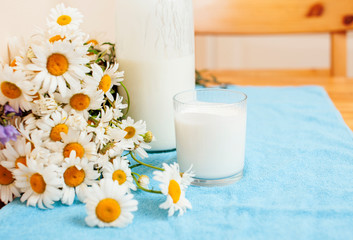 Simply stylish wooden kitchen with bottle of milk and glass on table, summer flowers camomile, healthy foog moring concept close up