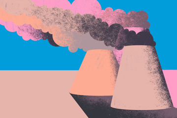 The climate crisis. Big air pollution towers expel smoke and contamination. Colorful illustration. - obrazy, fototapety, plakaty