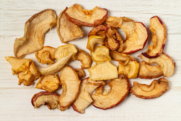 Apple dried chips wooden white shabby background  wallpaper