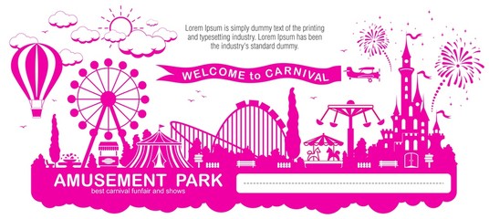 Amusement park - modern vector illustration with place for text. Landscape silhouette: big wheel, balloon, rides, castle, benches, trees. Advertising flyer, vector landing page - obrazy, fototapety, plakaty