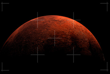Conceptual look at ht planet mars from space with camera cross hairs over the planet
