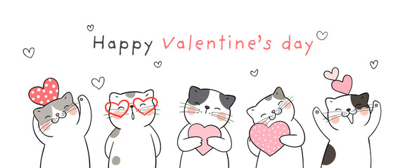 Draw banner cute cat for Valentine's day.