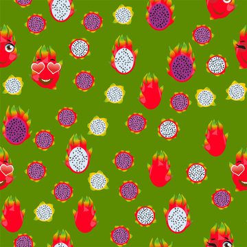 Cute seamless pattern with cartoon emoji fruits pitaya