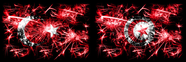 Turkey, Turkish vs Tunisia, Tunisian New Year celebration sparkling fireworks flags concept background. Combination of two abstract states flags.