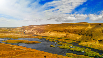 Seljalandfoss, Iceland. Amazing aerial view from drone in summer season