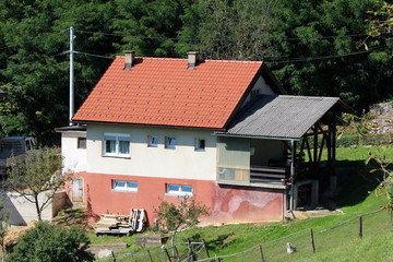 Older family house with new roof tiles on side of small hill surrounded with uncut green grass and dense forest on warm sunny summer day