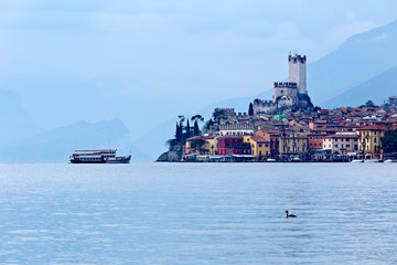 Tourist boat heads for Malcesine. Lake Garda, Veneto, Italy, Europe. © Andrea Contrini