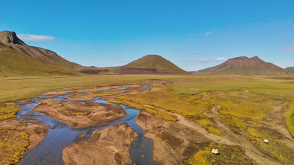 Obraz premium Amazing landscape of Landmannalaugar magnificent highlands in summer season, aerial view from drone, Iceland