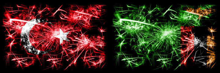 Turkey, Turkish vs Zambia, Zambian New Year celebration sparkling fireworks flags concept...
