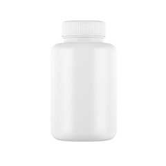 White plastic pill packer bottle isolated on white background. Capsules, medications, supplement, herbs, gel caps. 3d illustration.