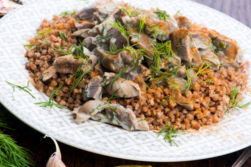 Stewed turkey stomachs with vegetables and buckwheat in a bowl