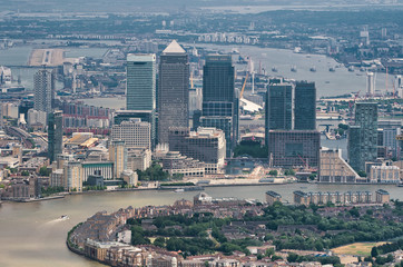 Aerial view of Canary Wharf and city skyline from a high vantage point