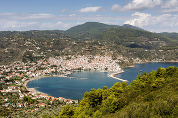 Fototapeta na wymiar Landscape. The view of the sea and port Skopelos island (Greece)