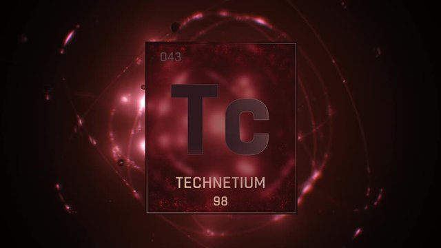 Technetium as Element 43 of the Periodic Table. Seamlessly looping 3D animation on red illuminated atom design background with orbiting electrons. Design shows name, atomic weight and element number
