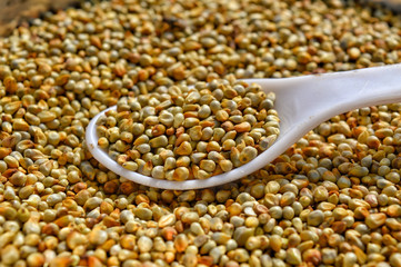 Millet close up view and spoon ,Pearl Millet Seeds Also Know as Bajra or Indian Millet as background,Millet and spoon close up view