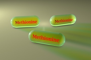 Yellow methionine capsules. Methionine is one of the nine essential amino acids in humans (provided by food). Medical background. 3d illustration