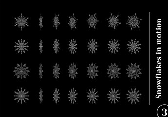 Set of drawn snowflake silhouettes in motion