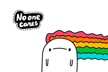 No one cares hand drawn vector illustration in cartoon comic style with cute man rainbow colored hair