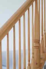 wooden stairs. Stair handrail closeup. - Image