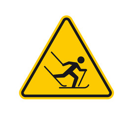 Vector yellow triangle sign - black silhouette figure cross country skiing. Isolated on white background.