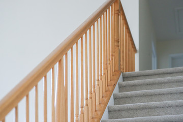 wooden stairs. Stair handrail closeup. - Image