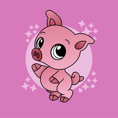 Illustration of Pig Greeting Cartoon, Cute Funny Character, Flat Design