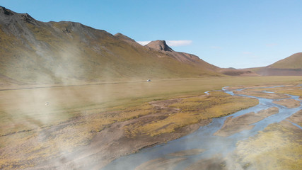 Amazing landscape of Landmannalaugar magnificent highlands in summer season, aerial view from drone, Iceland