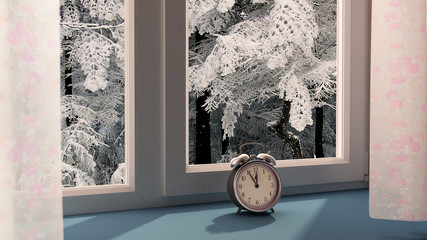 widok z okna na zimowy krajobraz zegar symbolizuje zblizający się koniec roku