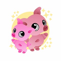 Illustration of Pig Greeting Cartoon, Cute Funny Character, Flat Design
