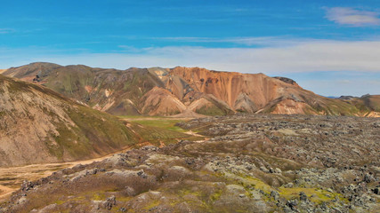 Drone perspective of Landmannalaugar amazing highland in summer season, Iceland