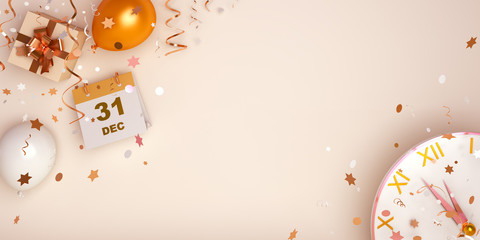 Happy New Year eve design creative concept, December 31 calendar, gift box, gold and white balloon, clock and glittering confetti on gradient background. Copy space text area, 3D  illustration.