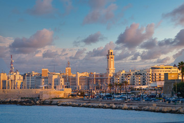 Panorama of the central part of Bari at sunset, view from the sea