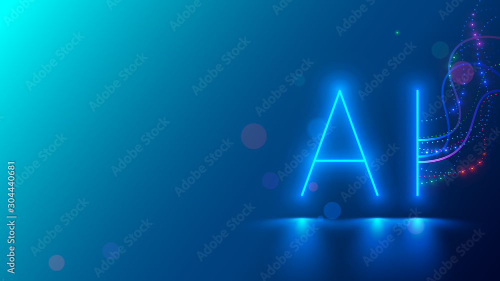 Poster AI technology neon character hanging on blue background. Abstract artificial intelligence concept banner. Glowing sign of cyber mind connects with network and exchanges signal. Machine learning.