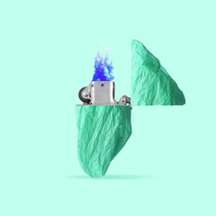 Glacier as a white lighter on green background. Copyspace. Modern design. Contemporary colorful and conceptual bright art collage. Global warming, environmental and eco saving, plastic pollution