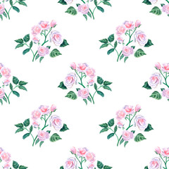Watercolor seamless pattern with pink delicate roses on white background