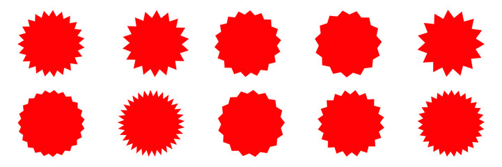Set of vector red starburst, sunburst badges. Red icons on white background. Simple flat style vintage labels, stickers. 